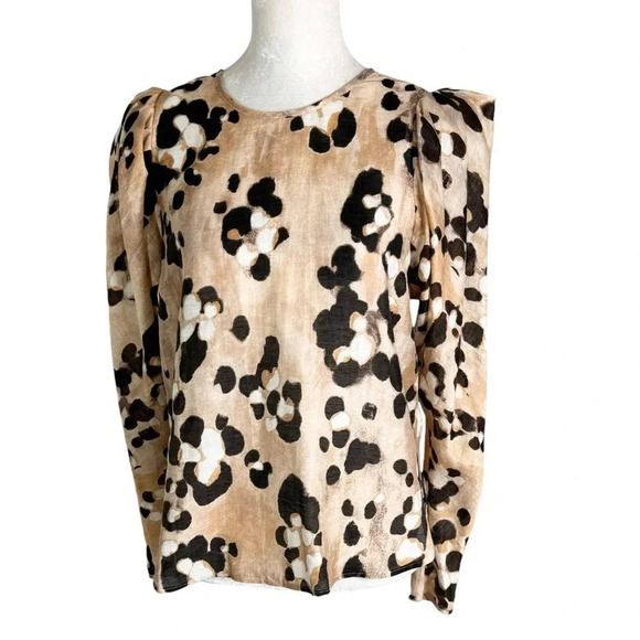 H&M Linen Blend Animal Print Puff Sleeve Top Beige Size S - Picture 1 of 11